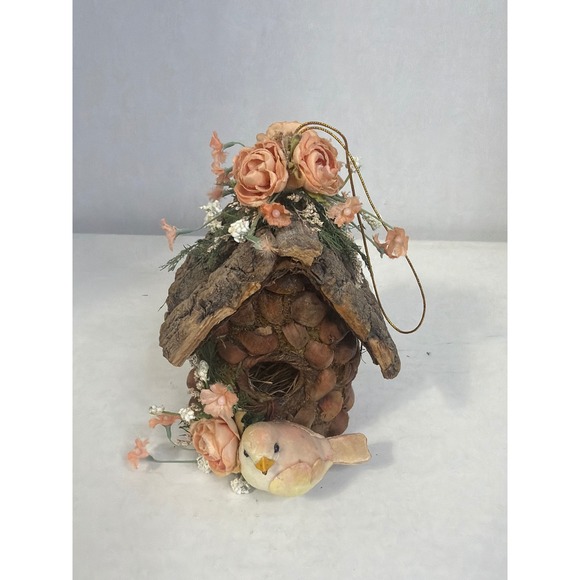 Other - Rustic Bark and Nut Shell Birdhouse Ornament Peach Floral Accents